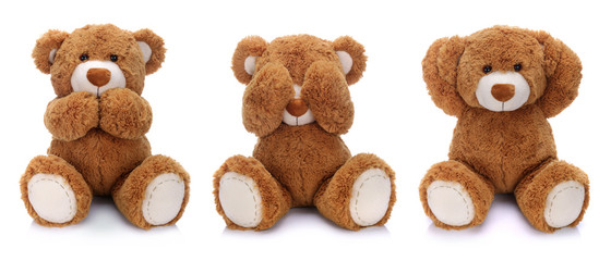 Three teddy bears on white background