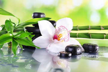 Kamienie spa, gałęzie bambusa i biała orchidea Panel Szklany