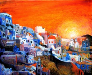 Domki w Santorini. Malarstwo.
