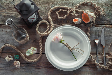 Table setting in retro style, top view. Retro stylized.