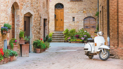 Italian streets in the Tuscan small town and a popular single-tr
