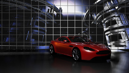 Samochód sportowy w studio przed ścianą wideo