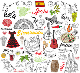 Spain doodles elements. Hand drawn set with spanish food paella, shrimps, olives, grape, fan, wine barel, guitars, music instruments, dresses, bull, rose, flag and map, lettering. doodle set isolated