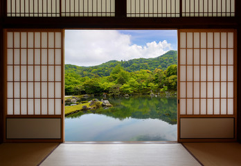 Japanese sliding doors and beautiful pond garden