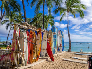 Surfboards lined up on Waikiki beach.