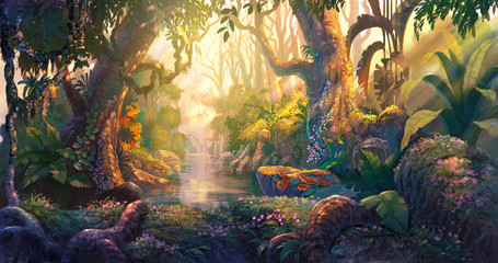 Zachód słońca w lesie fantasy