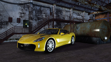 Nowoczesny samochód sportowy w starej hali fabrycznej