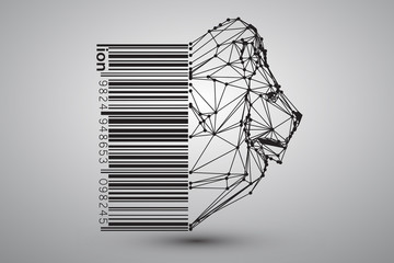 Głowa lwa z trójkątów, linii i kropek z kodem kreskowym