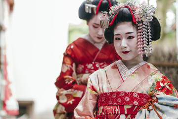  Maiko geishas walking on a street of Gion