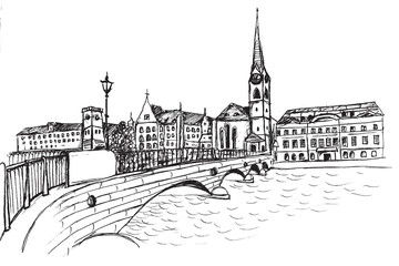 Panorama miasta Zurich.Rysunek ręcznie rysowany na białym tle.