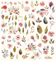 Zestaw ilustracji akwarela z niesamowitymi kwiatami i liśćmi