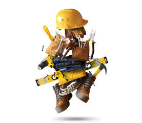 Narzędzia budowlane z butami i hełmem