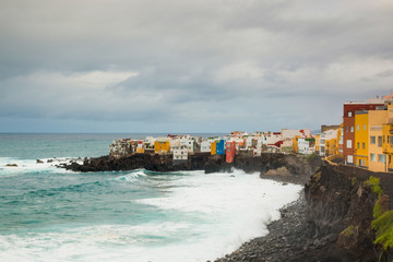 View of colourful houses of Punta Brava from beach in Puerto de la Cruz, Tenerife