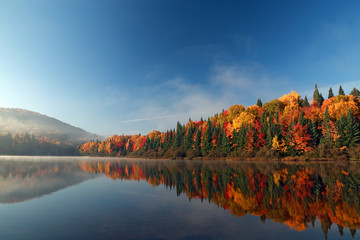 Autumn forest reflected in water. Colorful autumn morning in the mountains. Colourful autumn morning in mountain lake. Colorful autumn landscape. Autumn in Canada.