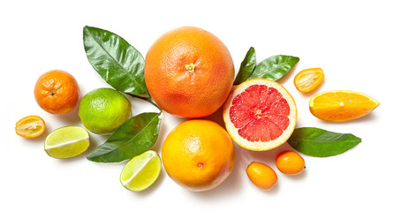 various citrus fruits on white background