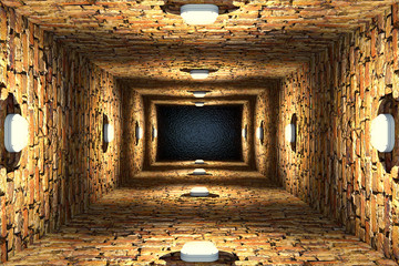 Widok z góry na stary zalany szyb windy lub dobrze z ceglanymi ścianami i punktowymi światłami