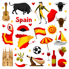Spain icons set. Spanish traditional symbols and objects