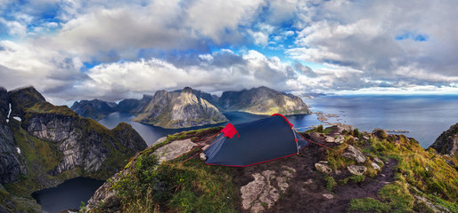 Tent on top of Reinebringen, Lofoten Islands,Northern Norway. Wild camping