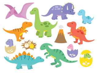 Ilustracja wektorowa dinozaurów, w tym Stegosaurus, Brontosaurus, Velociraptor, Triceratops, Tyrannosaurus rex, Spinosaurus i Pterosaurs.