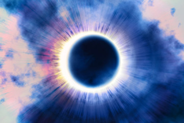 Pełne zaćmienie słońca, zjawisko astronomiczne - pełne zaćmienie słońca. Księżyc pokrywający Słońce w częściowym zaćmieniu. Ilustracja 3D.