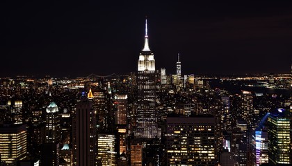 The Empire State Building, One World Trade Center, and the skyline of downtown Manhattan at night. 