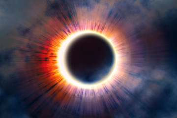 Pełne zaćmienie Słońca, zjawisko astronomiczne - całkowite zaćmienie Słońca. Księżyc pokrywający Słońce w częściowym zaćmieniu. Ilustracja 3D.