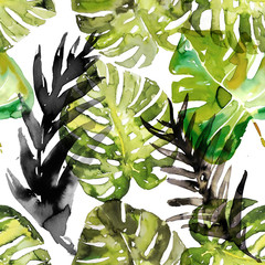 Akwarela monstera palma opuszcza bezszwowego wzór