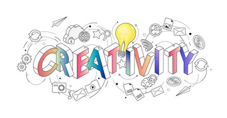 Izometryczne koncepcja literami cienka linia, typografia słowo kreatywność z ikonami linii