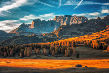 Powietrzna jesień wschodu słońca sceneria z żółtymi modrzewiami i małym alpejskim budynkiem i Odle - Geisler górska grupa na tle. Alpe di Siusi (Seiser Alm), Alpy Dolomitowe, Włochy