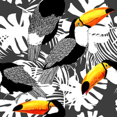 Bezszwowy wzór z tropikalnym ptasim tukanem.