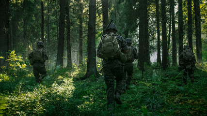 Fully Equipped Soldiers Wearing Camouflage Uniform Attacking Enemy, Rifles Ready to Shoot. Military Operation in Action, Squad Running in Formation Through Dense Smokey Forest. Back View Footage.