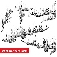 Wektor zestaw z kropkami wiruje światła północnego lub polarnego w kolorze czarnym na białym tle. Aurora borealis zapala się w stylu dotwork do arktycznego projektowania przestrzeni lub galaktyk.