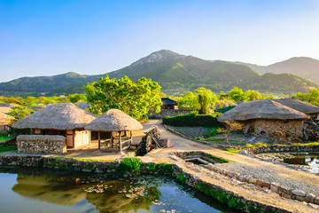 Beautiful green in spring morning of Naganeupseong Folk Village in Suncheon, A Traditional Hanok Village in South Korea.