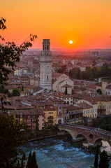 Beautiful sunset aerial view of Verona, Veneto region, Italy.