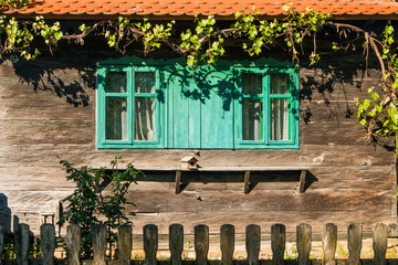 Stary drewniany dom z domkiem dla ptaków, Lonjsko polje, Chorwacja, wiejski, rustykalny klimat