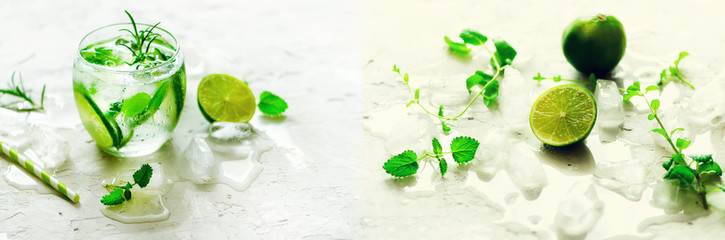 Domowej roboty lime lemoniada z ogórkiem, rozmarynami i lodem, biały tło. Zimny napój, woda detoksykacyjna. Copyspace. Transparent