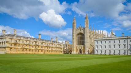 Cambridge, Cambridgeshire, United Kingdom - April 17, 2016. The famous King's College Chapel from the bank of river Cam on a bright sunny day.
