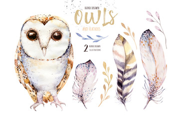 Akwarela sowa z kwiatami i piórami. Ręcznie rysowane ilustracja na białym tle sowy z ptakiem w stylu boho. 