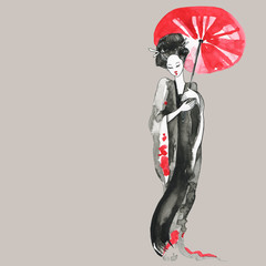 Geisha, women in traditional clothing. Japanese style, Watercolor hand painting illustration