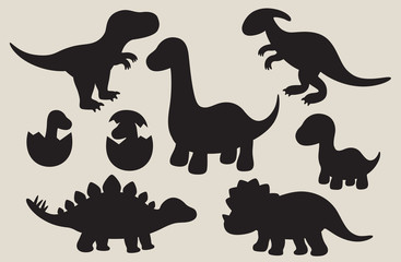 Ilustracja wektorowa sylwetki dinozaurów, w tym Stegosaurus, Brontosaurus, Velociraptor, Triceratops, Tyrannosaurus rex i Spinosaurus.