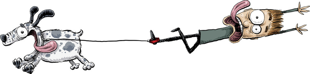 Człowiek z kreskówki ciągnięty przez szczęśliwego, podekscytowanego psa po tym, jak jego stopa została uwięziona na końcu smyczy.