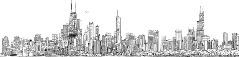 Ręcznie rysowane ilustracja. Panorama panoramę Chicago. Szczegółowy wygląd atramentu. Czarny i biały.