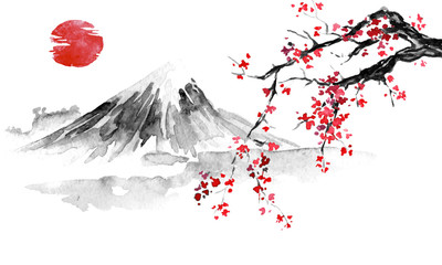 Tradycyjne malarstwo sumi-e w Japonii. Indyjski atrament ilustracja. Japoński obraz. Sakura, słońce i góra
