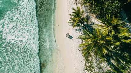 The couple walks on the beach between the ocean and palm trees
