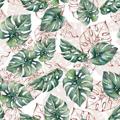 Tropikalny wzór z liści monstera akwarela i zarys. 