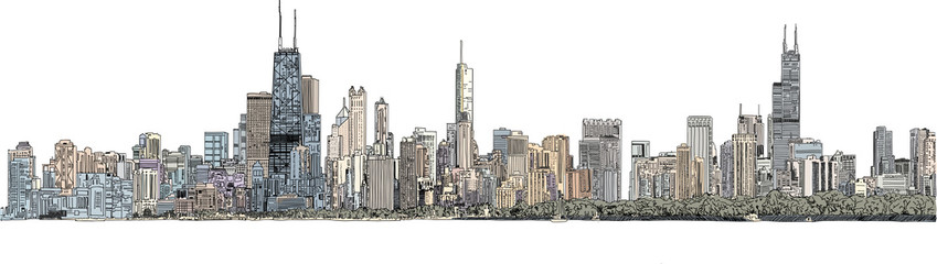 Ręcznie rysowane ilustracji. Kolorowa panorama Chicago. Szczegółowy wygląd atramentu w kolorze