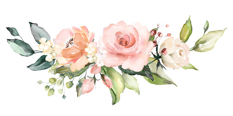 akwarela kwiaty. ilustracja kwiatowa, liść i pąki. Kompozycja botaniczna na ślub lub kartkę z życzeniami. gałąź kwiatów - róże abstrakcji