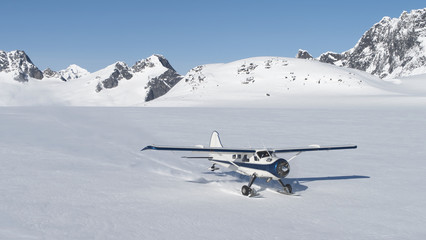 Mały samolot lądujący na śniegu w górach Alaski