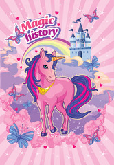 Bajkowe tło z tęczą i zamkiem dla księżniczki. Piękny jednorożec w chmurach. Bajeczny krajobraz z magicznym koniem lub kucykiem. 