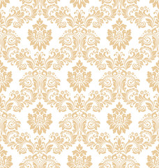 Tapeta w stylu barokowym. Bezszwowe tło wektor. Biały i złoty kwiatowy ornament. 